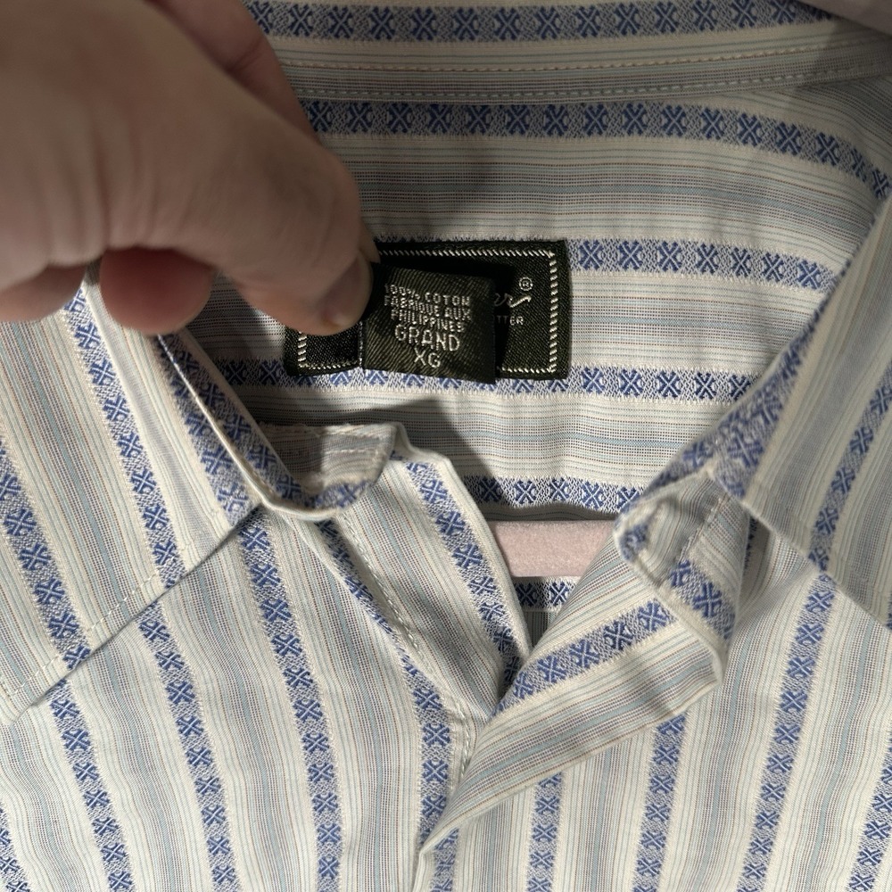 Eddie Bauer XL Tall Button Down Shirt Blue White Geometric Stripe 100% Cotton - Picture 4 of 8